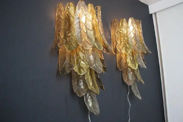 Long Textured Golden and Smoked Murano Glass Sconces in Palm Tree Shape from Barovier & Toso., 1990s-YF-1720574