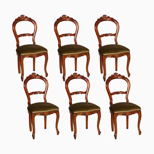 Louis Philippe Style Carved Blond Walnut Dining Chairs, 1940s, Set of 6-NJV-575136