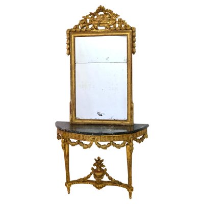 Louis Seize XVI Golden Console Table with Marble and Mirror, 1750s, Set of 2-CXC-1368782