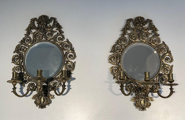 Louis XIV Wall Lights in Bronze and Mirror, Set of 2-BA-1545459