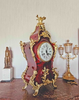 Louis XV Clock in Tortoiseshell Effect Lacquer & Gilt Bronze-AWH-1746956