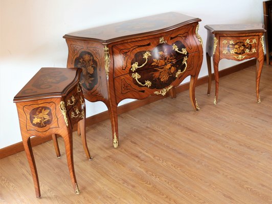 Louis XV Dresser and Bedside Tables with Baroque Style Inlays, Set of 3-IYX-1178008