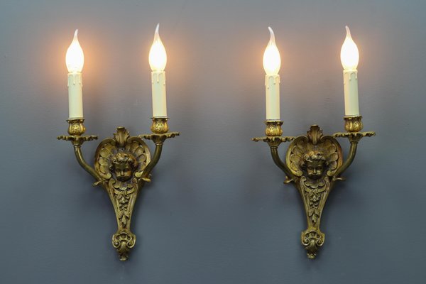 Louis XV French Bronze Cherubs Wall Sconces, 1930s, Set of 2-KEG-1395399