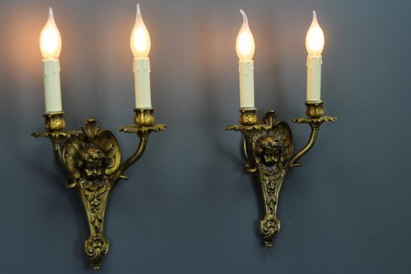 Louis XV French Bronze Cherubs Wall Sconces, 1930s, Set of 2-KEG-1395399