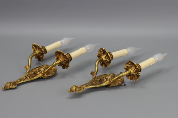 Louis XV French Bronze Cherubs Wall Sconces, 1930s, Set of 2-KEG-1395399