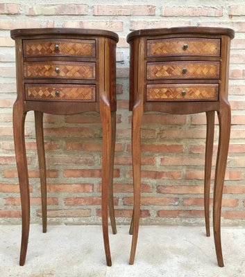 Louis XV Inlaid Walnut 3-Drawer Side Tables or Nightstands with Marquetry, Set of 2-NOU-1354634