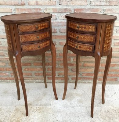 Louis XV Inlaid Walnut 3-Drawer Side Tables or Nightstands with Marquetry, Set of 2-NOU-1354634