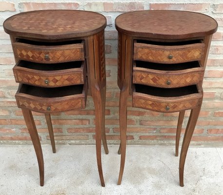 Louis XV Inlaid Walnut 3-Drawer Side Tables or Nightstands with Marquetry, Set of 2-NOU-1354634