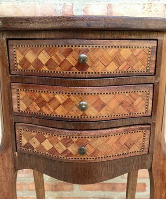 Louis XV Inlaid Walnut 3-Drawer Side Tables or Nightstands with Marquetry, Set of 2-NOU-1354634