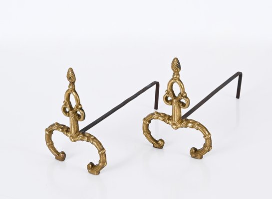 Louis XV Italian Andirons in Gilt Bronze and Iron, Italy, 1940s, Set of 2-JDR-1732623