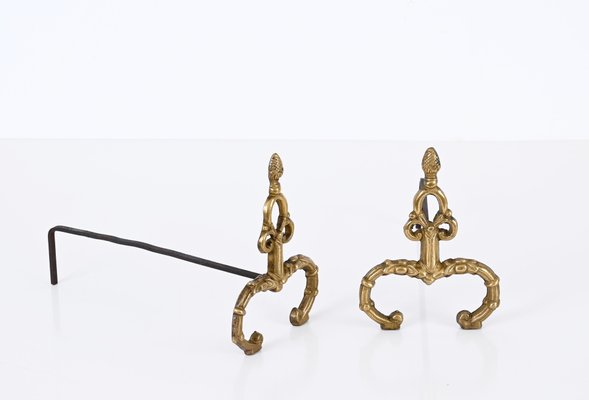 Louis XV Italian Andirons in Gilt Bronze and Iron, Italy, 1940s, Set of 2-JDR-1732623