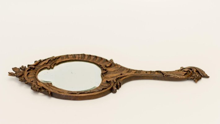 Louis XV Style Carved Oakwood Hand Mirror-KEG-1086698