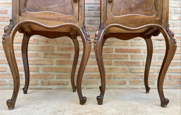 Louis XV Style Walnut Nightstands with Marble Top, 1930s, Set of 2-NOU-1047297