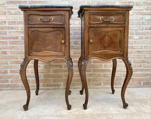 Louis XV Style Walnut Nightstands with Marble Top, 1930s, Set of 2-NOU-1047297