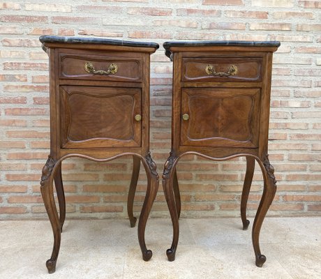 Louis XV Style Walnut Nightstands with Marble Top, 1930s, Set of 2-NOU-1047297