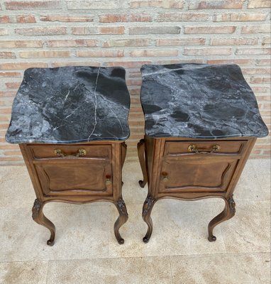 Louis XV Style Walnut Nightstands with Marble Top, 1930s, Set of 2-NOU-1047297