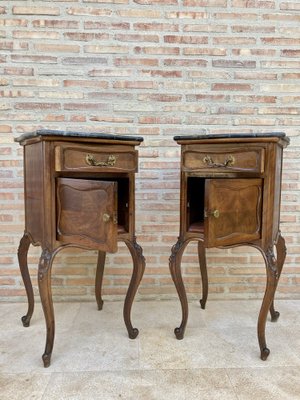 Louis XV Style Walnut Nightstands with Marble Top, 1930s, Set of 2-NOU-1047297