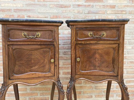 Louis XV Style Walnut Nightstands with Marble Top, 1930s, Set of 2-NOU-1047297