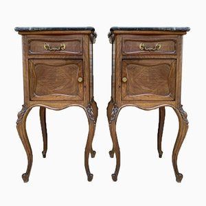 Louis XV Style Walnut Nightstands with Marble Top, 1930s, Set of 2-NOU-1047297