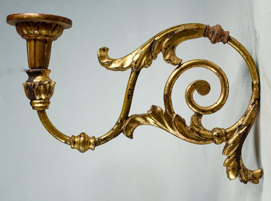 Louis XV Torch Wall Sconces in Wrought Iron with Turned Wooden Parts Gilded with Gold Leaf, Italy, Set of 2-RAQ-2033400