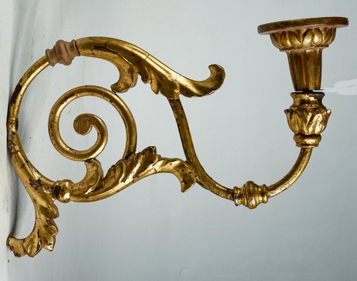 Louis XV Torch Wall Sconces in Wrought Iron with Turned Wooden Parts Gilded with Gold Leaf, Italy, Set of 2-RAQ-2033400