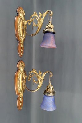 Louis XV Wall Sconces in Walnut Bases and Glass Tulips, 1890s, Set of 2-XNH-1807991