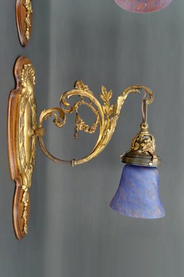 Louis XV Wall Sconces in Walnut Bases and Glass Tulips, 1890s, Set of 2-XNH-1807991