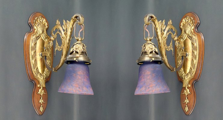 Louis XV Wall Sconces in Walnut Bases and Glass Tulips, 1890s, Set of 2-XNH-1807991