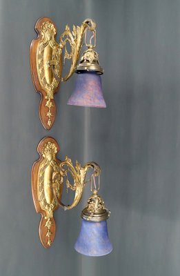 Louis XV Wall Sconces in Walnut Bases and Glass Tulips, 1890s, Set of 2-XNH-1807991