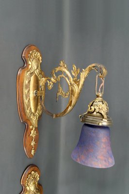 Louis XV Wall Sconces in Walnut Bases and Glass Tulips, 1890s, Set of 2-XNH-1807991