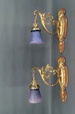 Louis XV Wall Sconces in Walnut Bases and Glass Tulips, 1890s, Set of 2-XNH-1807991