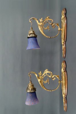 Louis XV Wall Sconces in Walnut Bases and Glass Tulips, 1890s, Set of 2-XNH-1807991