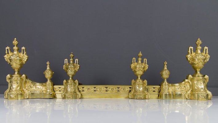 Louis XVI Style Bronze Fireplace Set from Charles Casier, Set of 5-KEG-799441