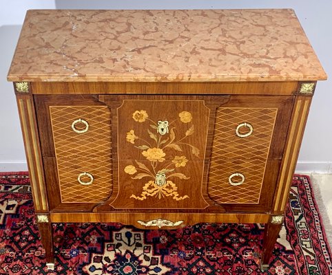 Louis XVI Style Dresser with Flower Marquetry & Pink Marble, 1920s-EQU-1419324