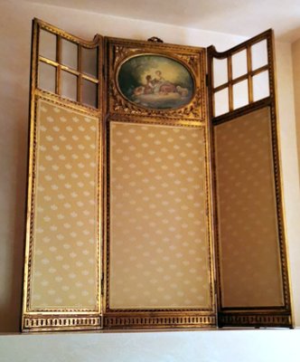 Louis XVI Style French Screen in Gilded Wood with Oil Painting and Ground Glass-QRS-1091486