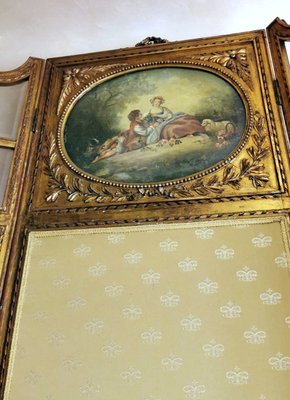 Louis XVI Style French Screen in Gilded Wood with Oil Painting and Ground Glass-QRS-1091486