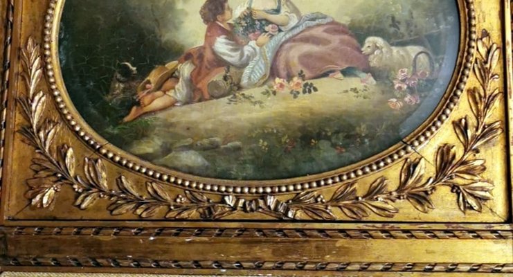 Louis XVI Style French Screen in Gilded Wood with Oil Painting and Ground Glass-QRS-1091486