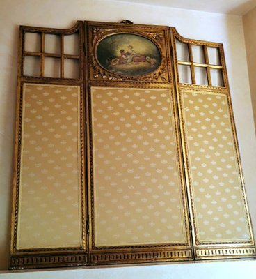 Louis XVI Style French Screen in Gilded Wood with Oil Painting and Ground Glass-QRS-1091486