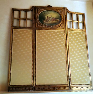 Louis XVI Style French Screen in Gilded Wood with Oil Painting and Ground Glass-QRS-1091486