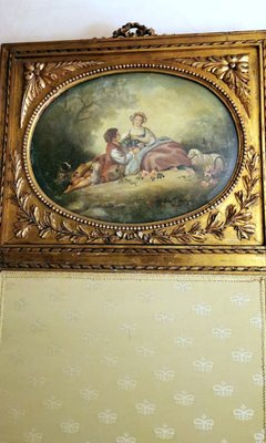 Louis XVI Style French Screen in Gilded Wood with Oil Painting and Ground Glass-QRS-1091486