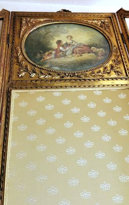 Louis XVI Style French Screen in Gilded Wood with Oil Painting and Ground Glass-QRS-1091486