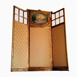 Louis XVI Style French Screen in Gilded Wood with Oil Painting and Ground Glass-QRS-1091486