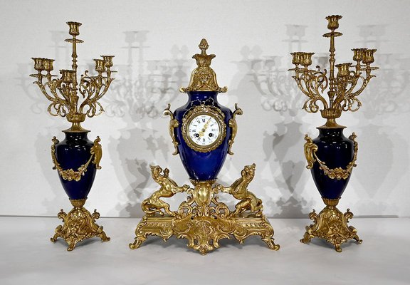 Louis XVI Style Gilded Bronze Clock & Vases, Set of 3-RVK-1372845