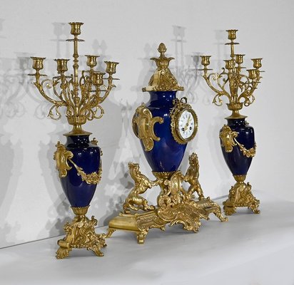 Louis XVI Style Gilded Bronze Clock & Vases, Set of 3-RVK-1372845