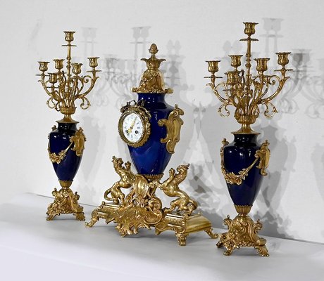 Louis XVI Style Gilded Bronze Clock & Vases, Set of 3-RVK-1372845