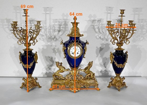 Louis XVI Style Gilded Bronze Clock & Vases, Set of 3-RVK-1372845