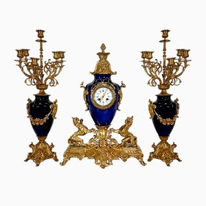 Louis XVI Style Gilded Bronze Clock & Vases, Set of 3-RVK-1372845