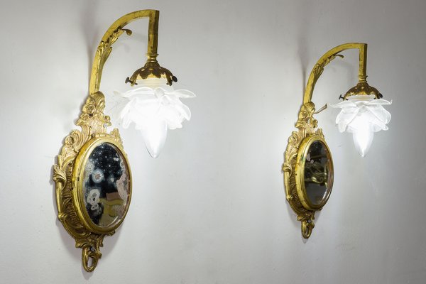 Louis XVI Style Wall Lights in Brass with Mirror & Opal Glass Lampshades, 1920s, Set of 2-QES-1378158