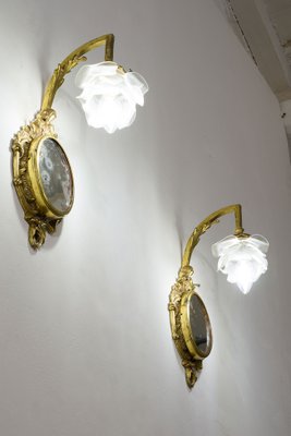 Louis XVI Style Wall Lights in Brass with Mirror & Opal Glass Lampshades, 1920s, Set of 2-QES-1378158