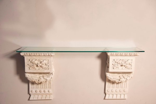 Louis Xvi Style White Plaster Friezes Console Table with Glass Top, 1930s-XDW-1759755